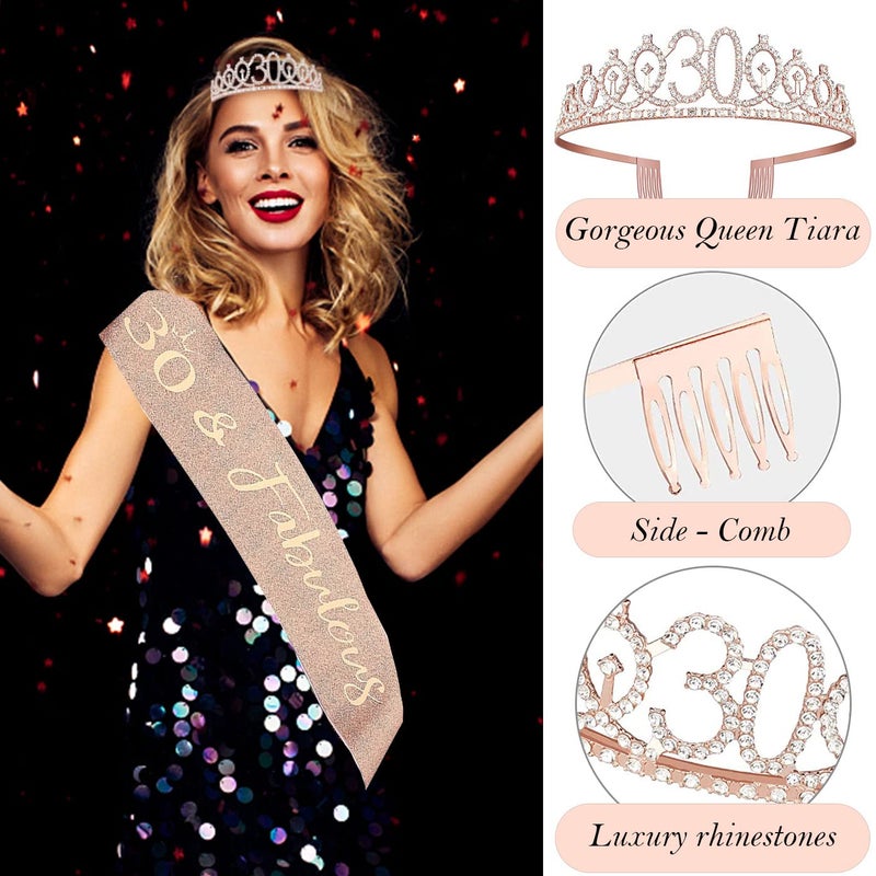 Awfrky 8pcs 30th Birthday Gifts Decorations for Her  Including 30th Happy Birthday Cake Toppers  Birthday Queen Sash with Pearl Pin  Sweet Rhinestone Tiara Crown  Number Candles and Balloons Set  Rose Gold - Image 3